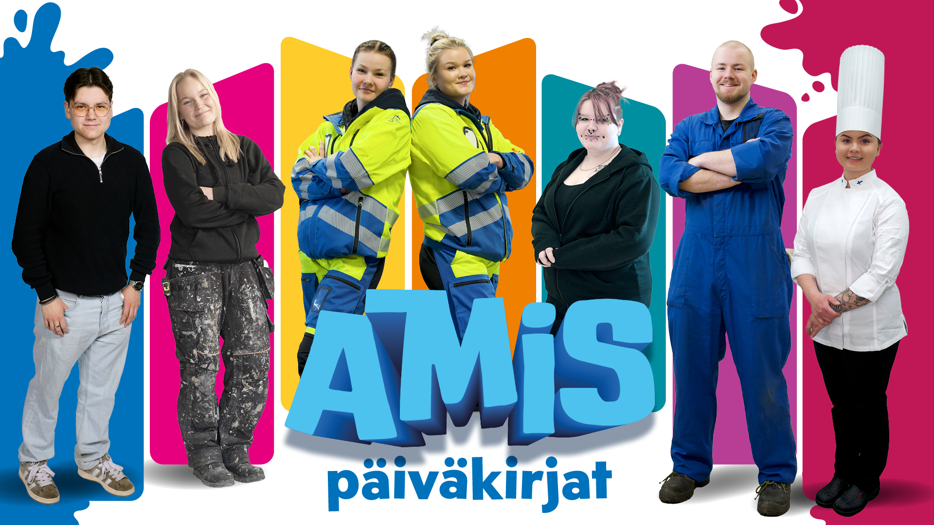 Amispäiväkirjat, kuvassa seitsemän sarjassa esiintyvää opiskelijaa.