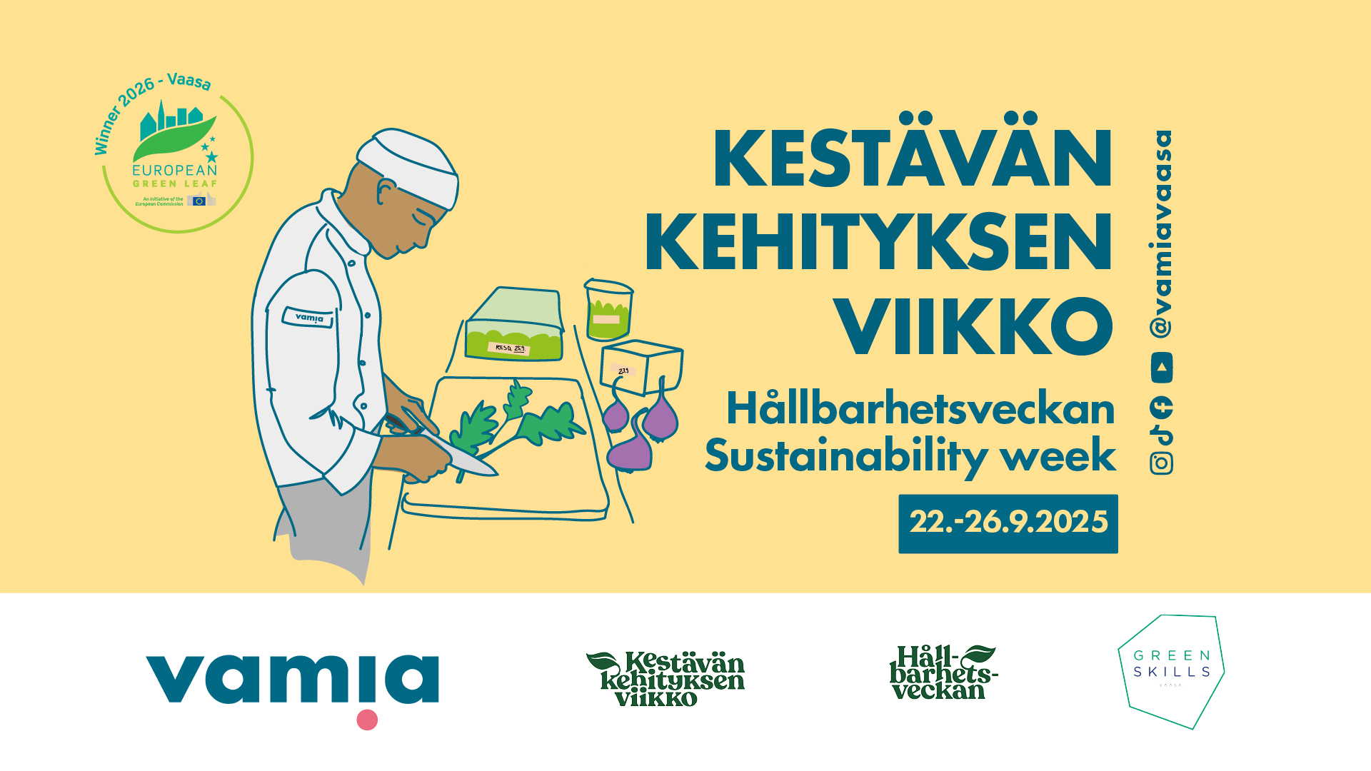 Banner för Vamias Hållbarhetsvecka. Illustration av en kockstuderande som tillagar mat av skördegrönsaker.