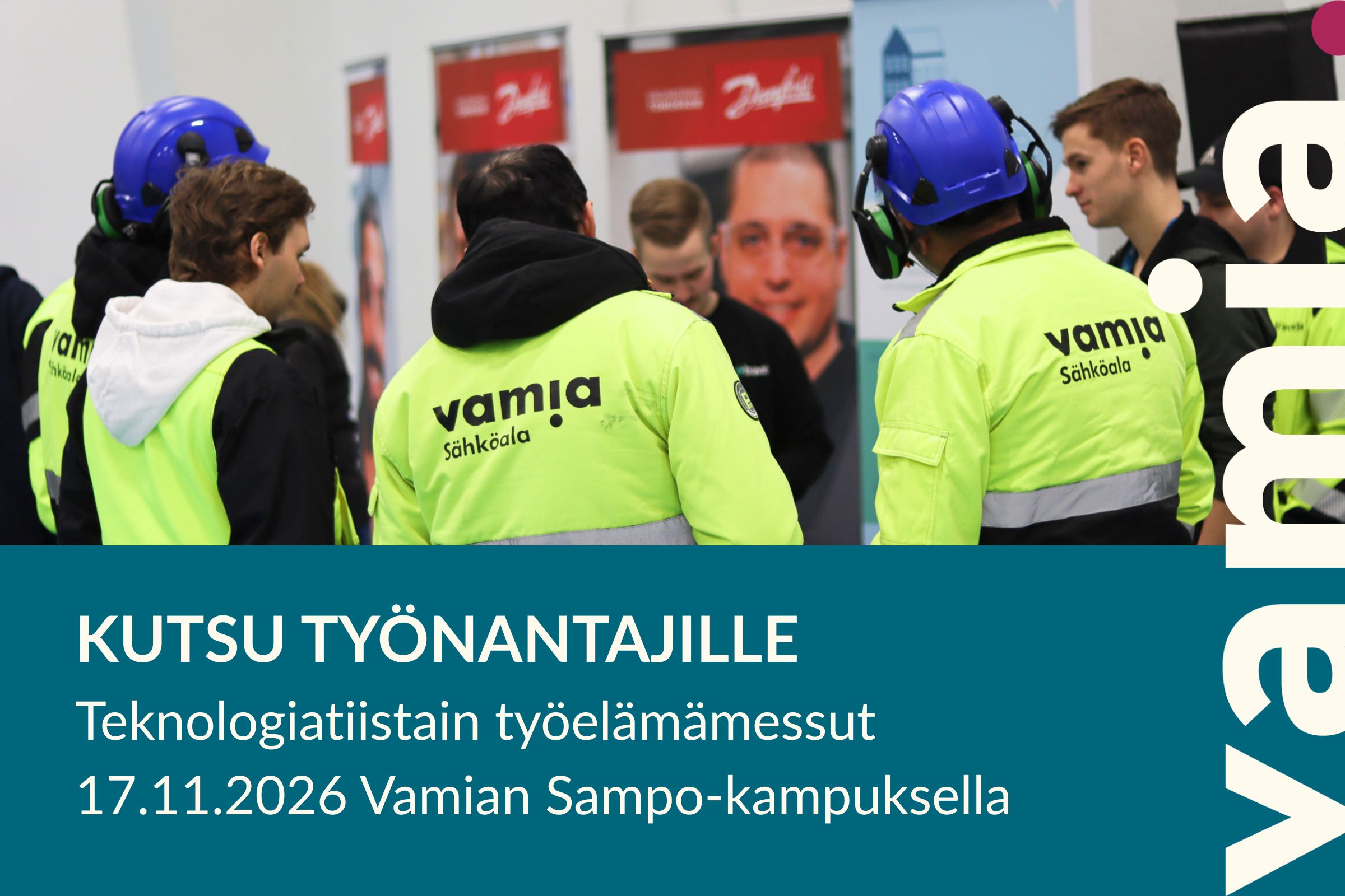 Kuvassa työnantaja ja Vamian opiskelijoita työelämämessuilla.
